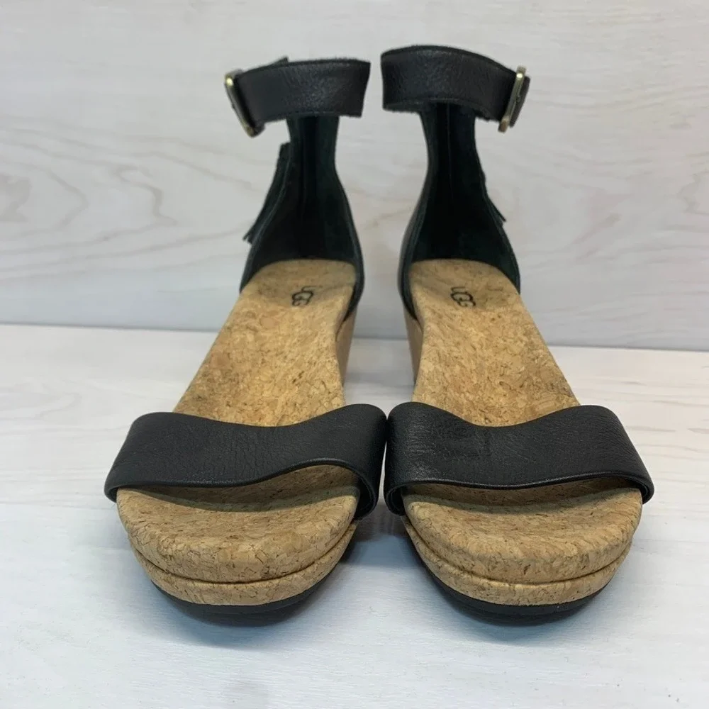 UGG Womens 7.5 Trina Wedge Sandals Tassel Black Leather Cork Summer Boho 1019973